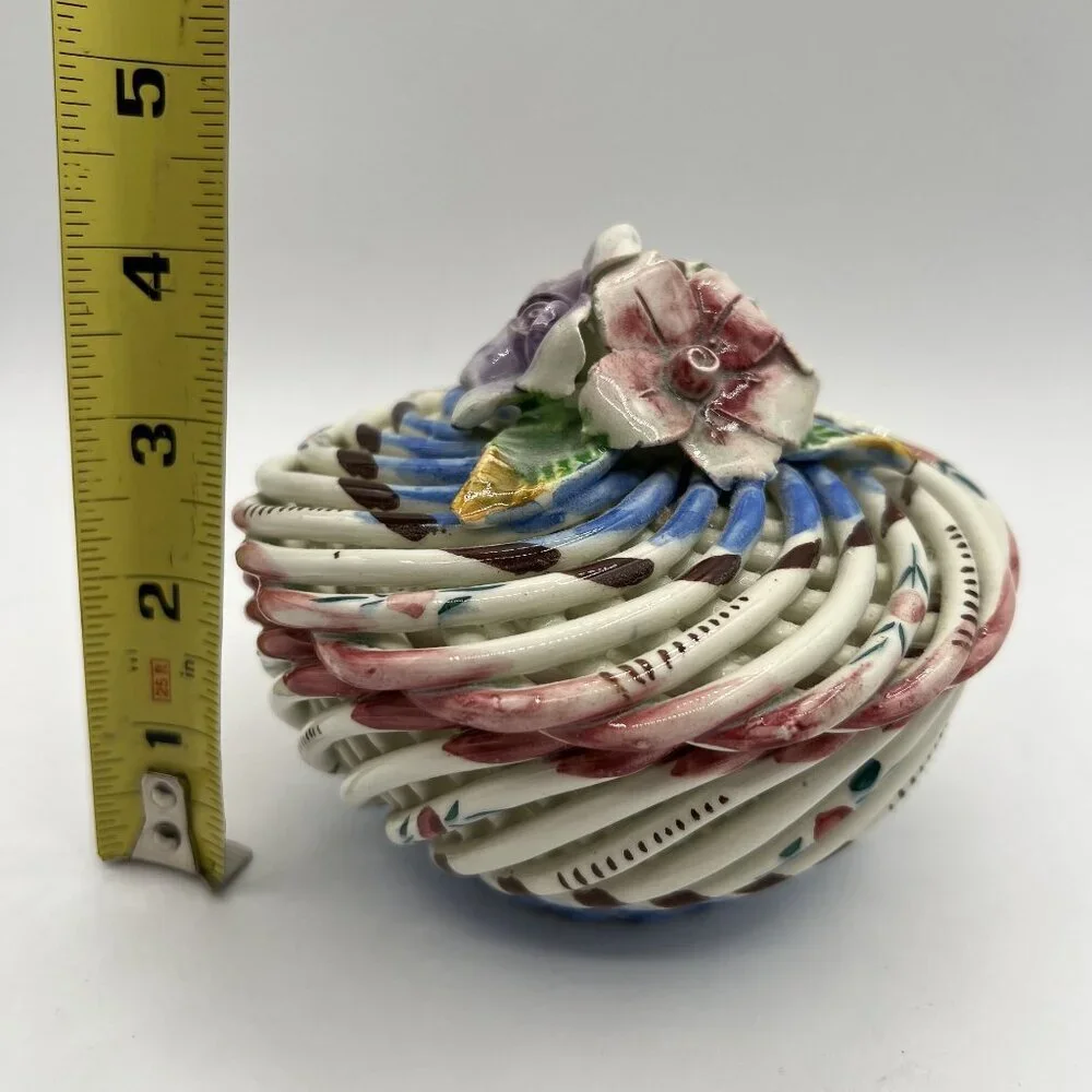 Vtg Hand Painted Spanish Porcelain Trinket Box Twig Style Basket Bloomcore Spain
